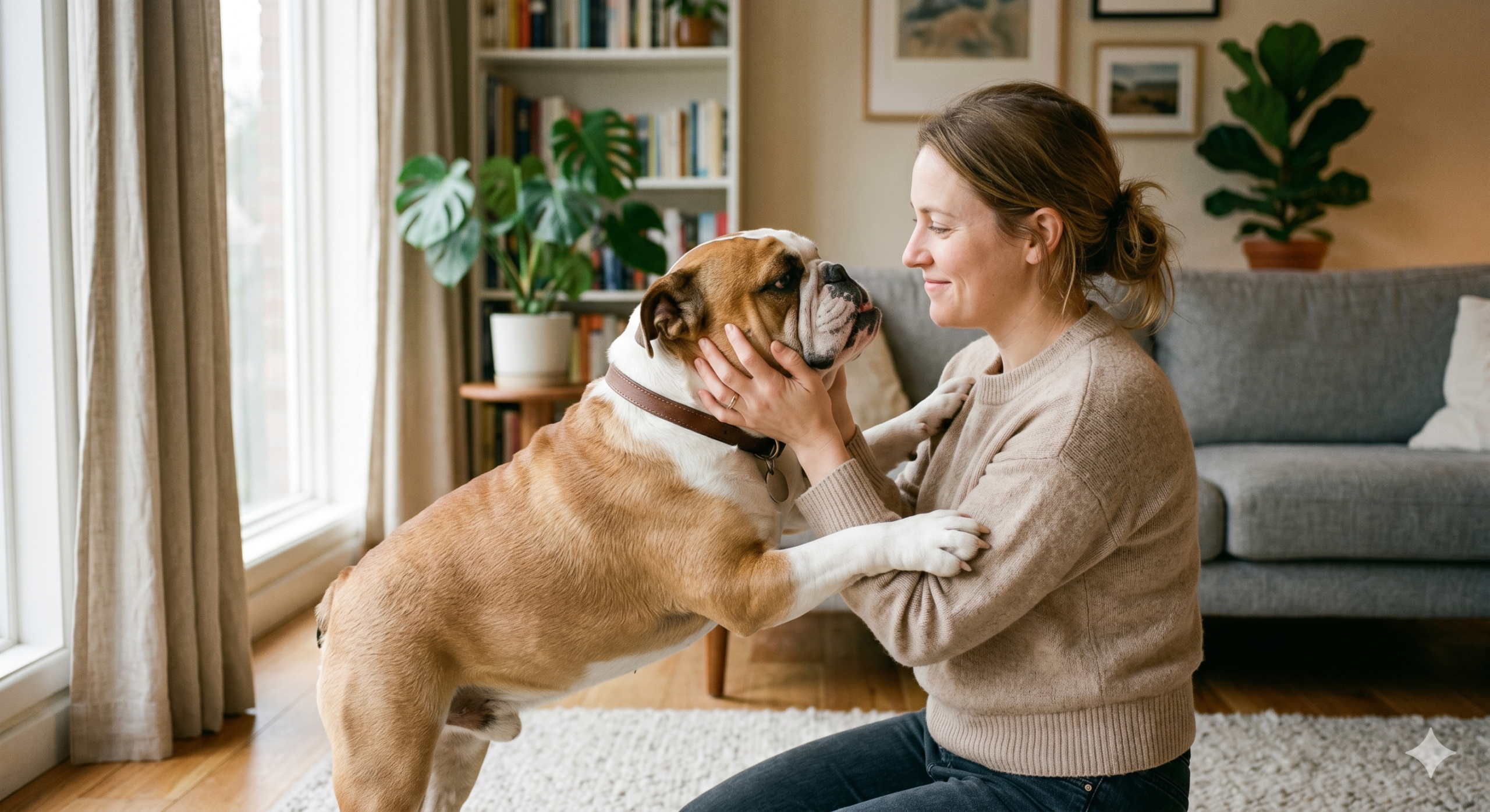Persona cuidando cariñosamente a su bulldog en casa