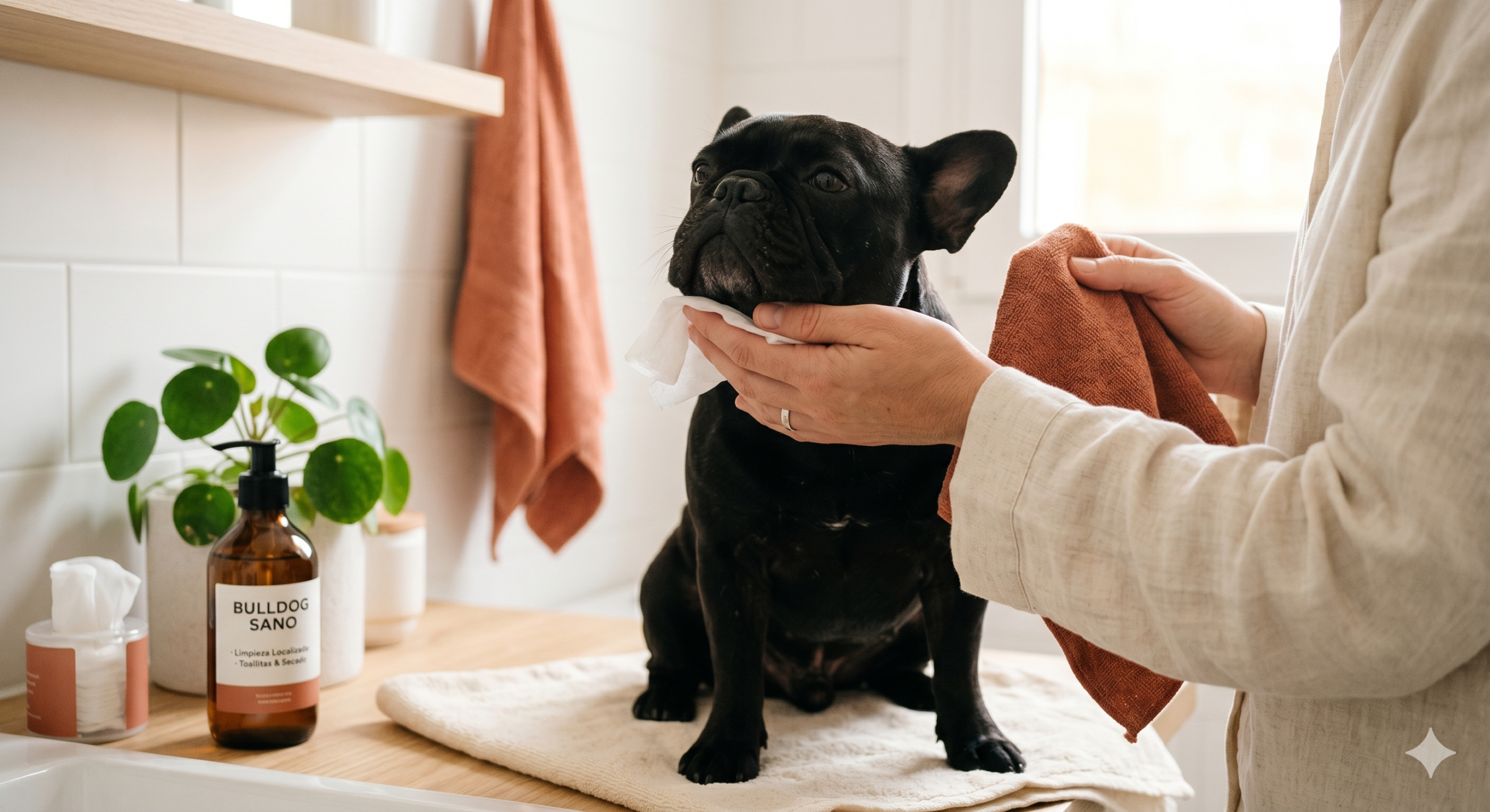 Bulldog francés recibiendo limpieza facial suave