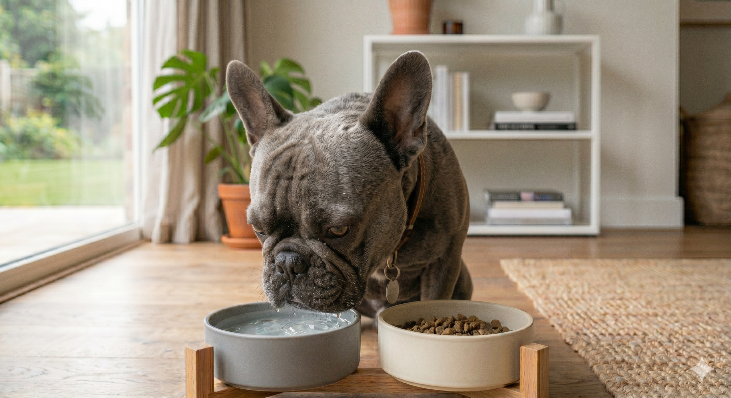 Bulldog francés junto a su cuenco después de comer